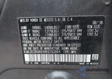 2019 Honda Hr-V Lx from USA, damaged, VIN 3CZRU6H38KG702864